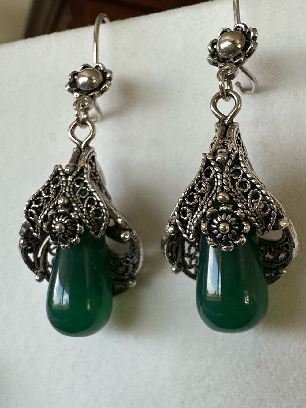 Green Aventurine Teardrop Dangle Earrings - Silver Floral Filigree